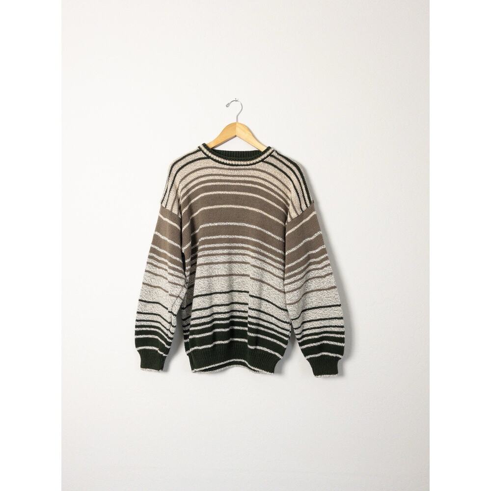 Vintage R&R Casuals Green Striped Cotton Sweater Large Made in USA